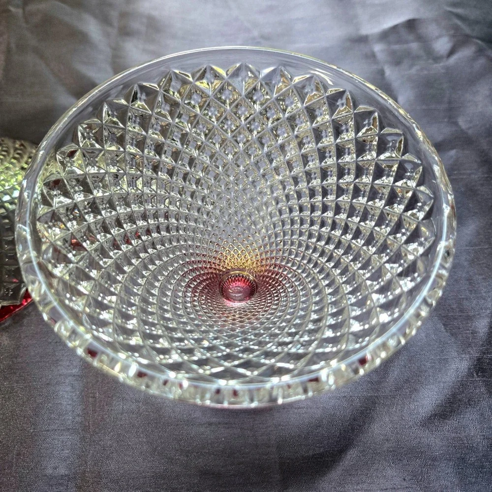 Vintage Ruby Red Flash Diamond Point Glass Lidded Candy Dish Pedestal Compote